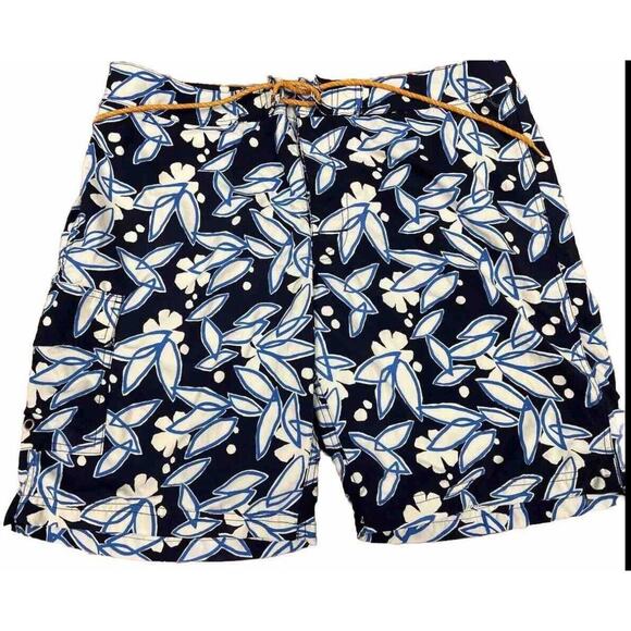 J Crew Mens Board Shorts Swim Trunks Size 33 Blue Floral Hawaiian 100% Nylon - Picture 1 of 8